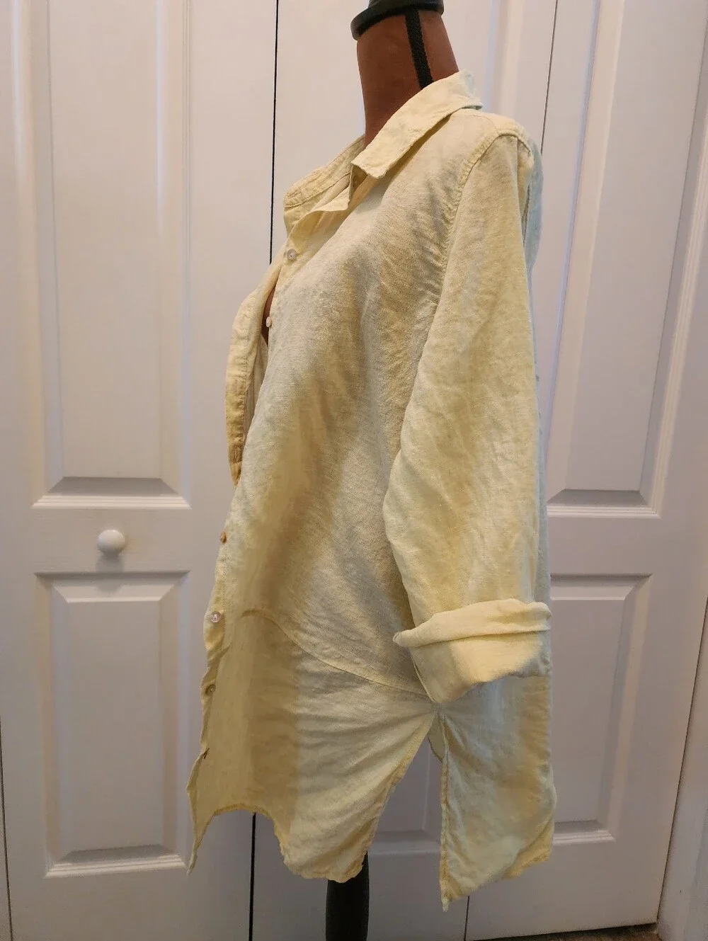 Tahari Essentials Light Yellow 100% Linen Button-Up Tunic Shirt